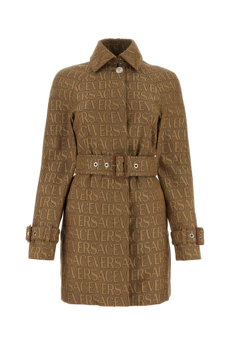 Versace Trench Coat With Allover Motif And Belted Waist In Brown