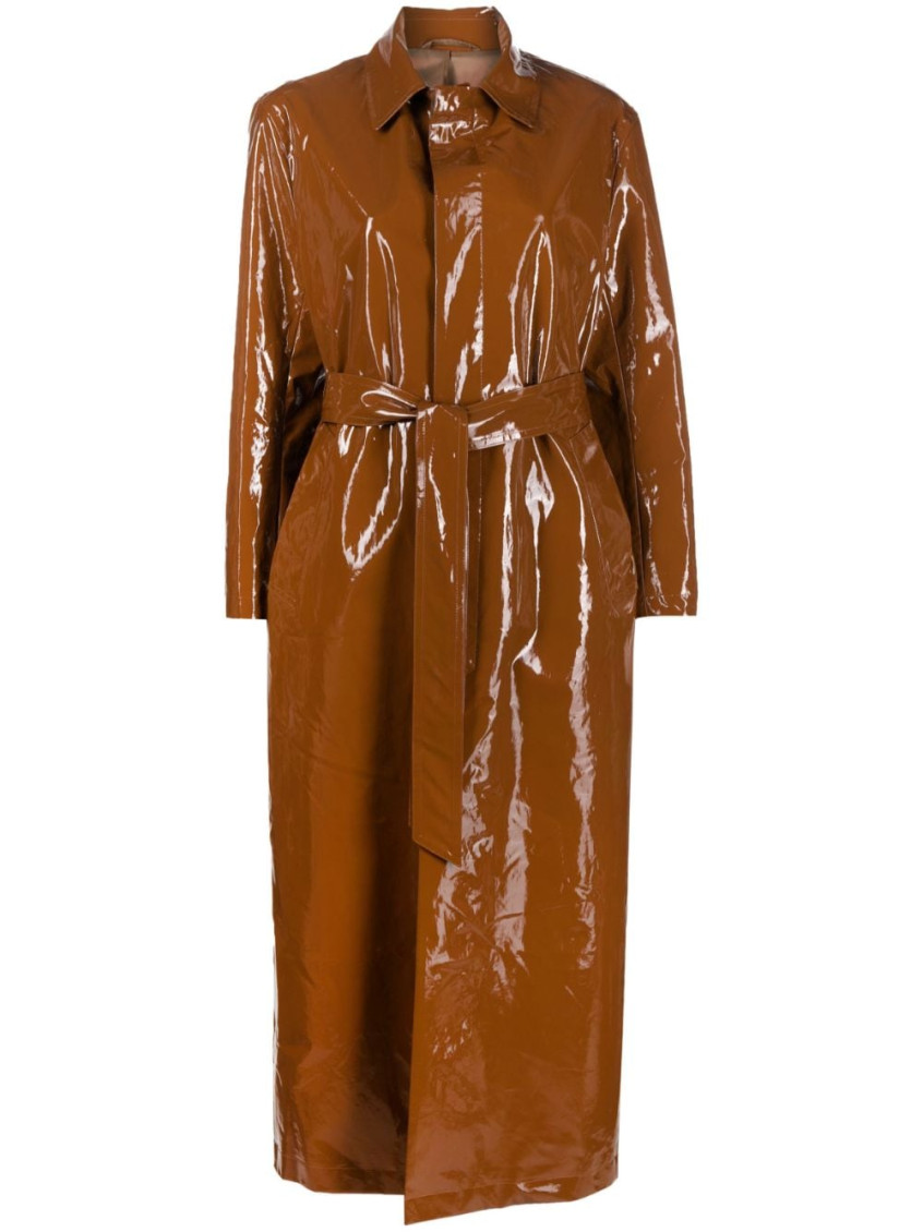 Filippa K Glossy Finish Trench Coat With Belted Waist In Brown
