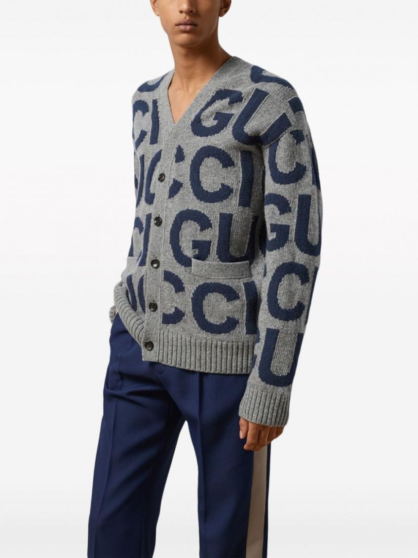 Gucci Logo-intarsia Wool Cardigan In Grey