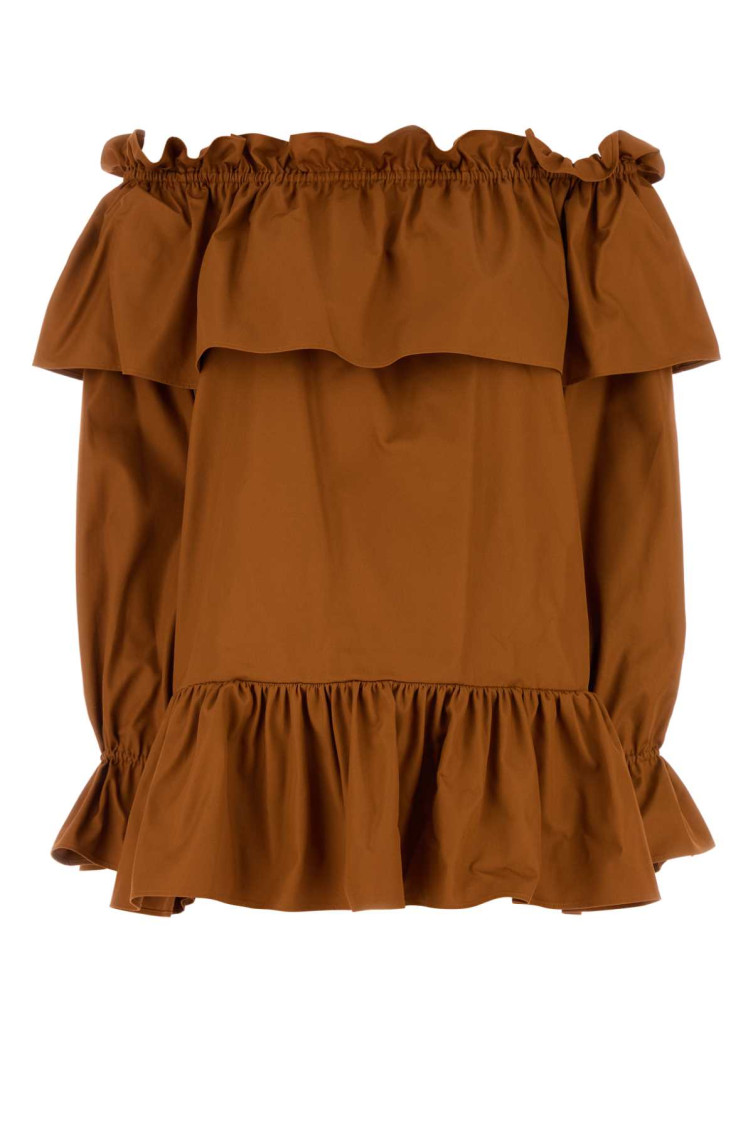 Saint Laurent Brown Ruffle Dress With Bare Shoulders In Cotton Twill Woman In Brown