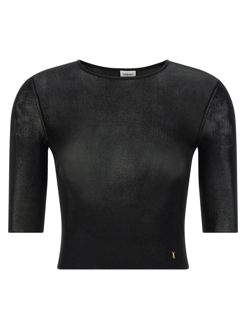 Saint Laurent Cassandre Cropped Knit Top In Black
