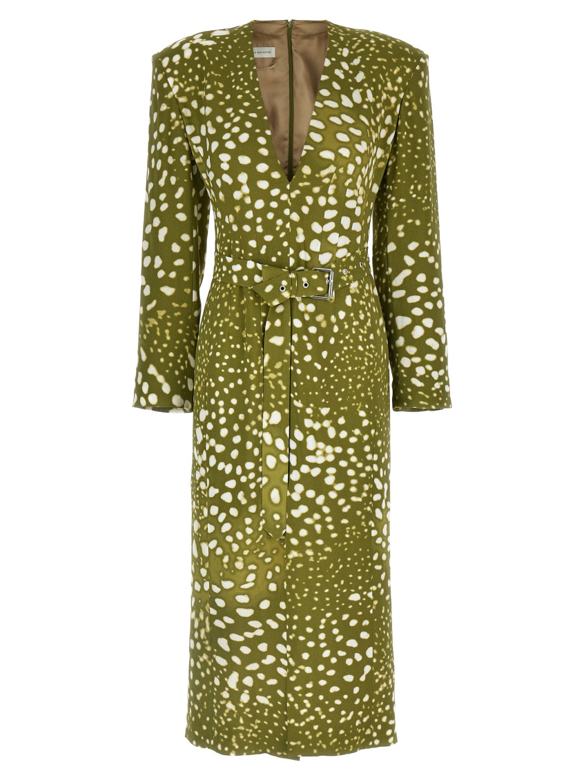 Dries Van Noten V-neck Belted Midi Dress In Green