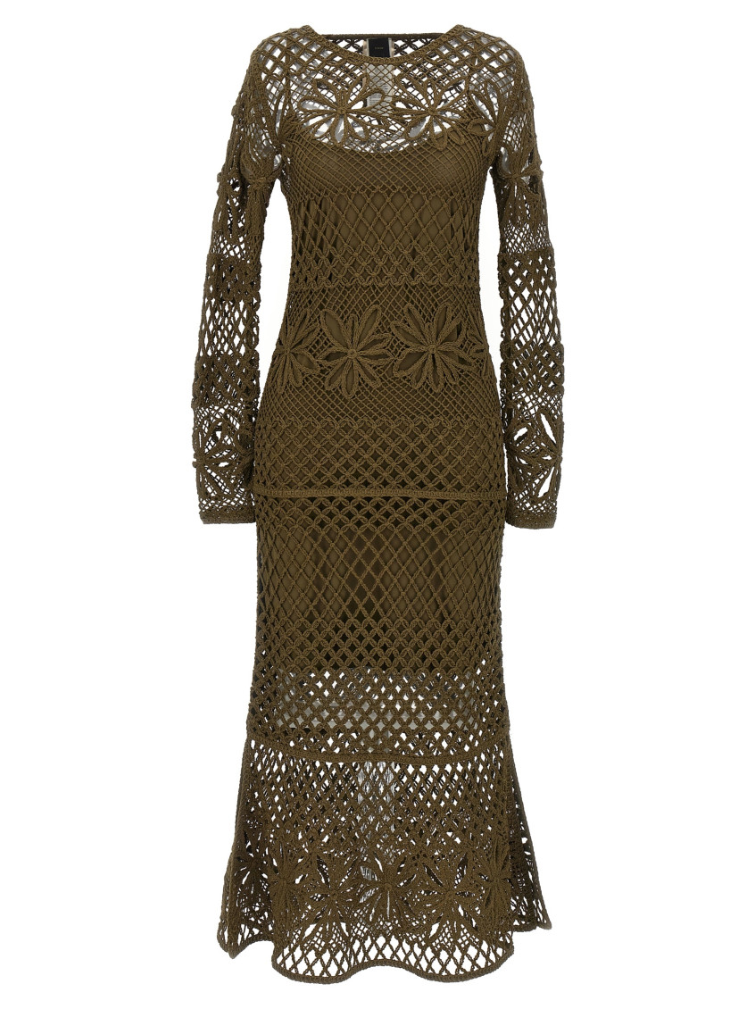 Pinko Crewneck Crochet Floral Knitted Long Sheer In Green