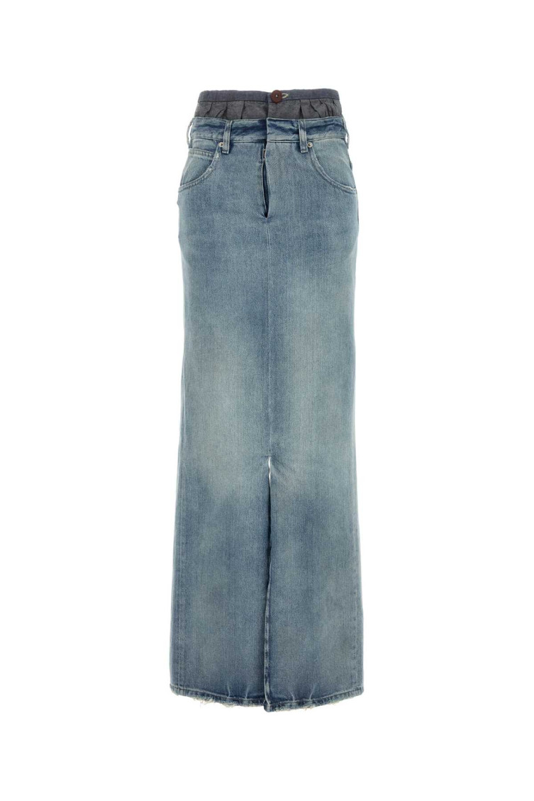 Maison Margiela Light Blue Long Skirt With Front Slit And Five Pocket Design In Denim Woman In Blue