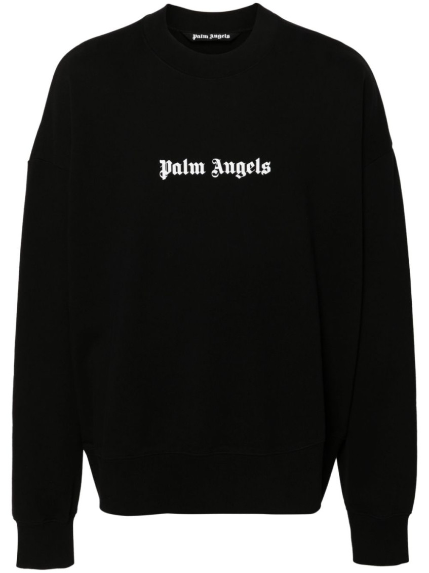 Palm Angels Black Cotton Crew Neck Sweatshirt With White Logo In Black
