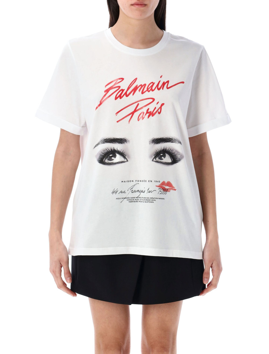 Shop Balmain White Eye Print Logo T-shirt