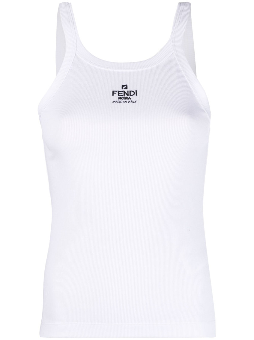 Fendi Women White Ribbed Tank Top With Contrasting Logo Embroidery In Stretch Cotton Woman