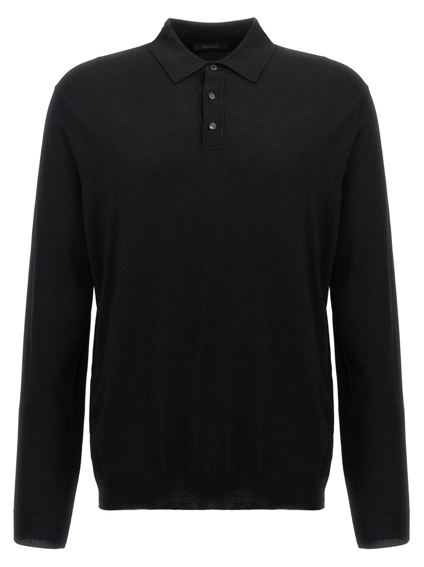 Zanone Wool Knit Polo Shirt With Cuffed Sleeves And Subtle Ribbing In Black