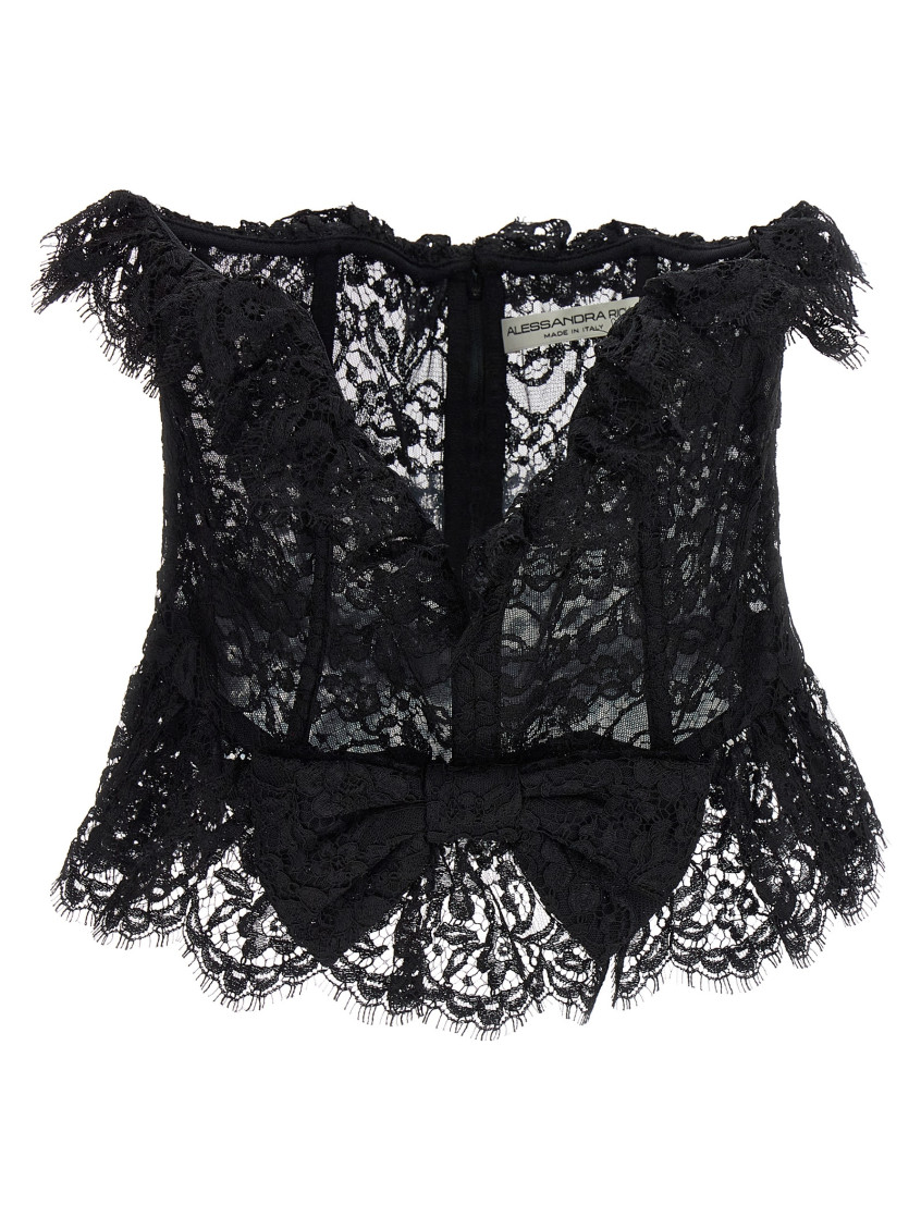 Alessandra Rich Strapless Bow-embellished Lace Bustier Top In Black