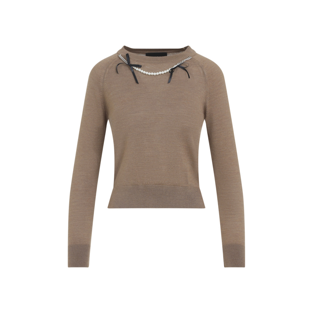 Simone Rocha Fitted Long-sleeve Sweater With Pearl Accents And Ribbon Detail In Brown