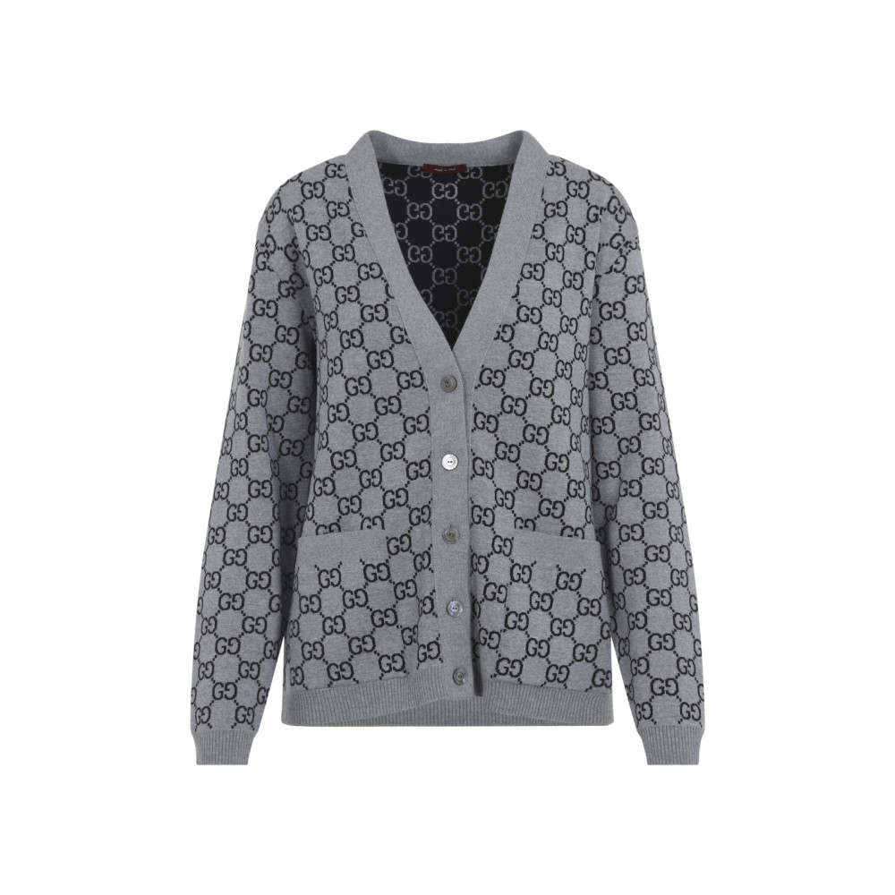 Gucci Women Grey V-neck Cardigan With All-over Gg Motif In Wool Woman In Gray