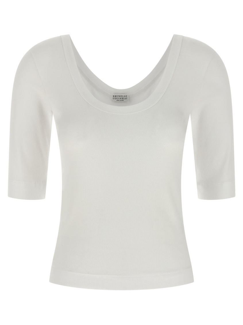 Brunello Cucinelli White U-neck T-shirt With Back Monil Detail In Cotton Woman In White