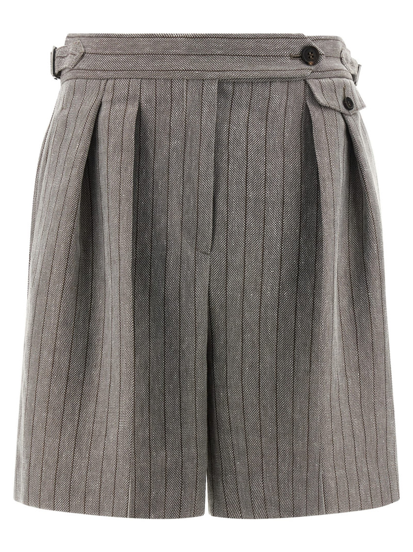 Brunello Cucinelli Grey Bermuda Panrs With Off-centered Button Closure And All-over Striped Motif In Linen Blend Woman In Gold