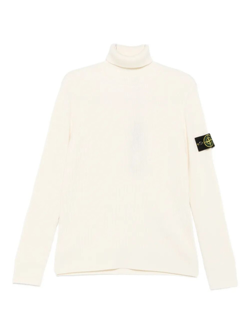 Stone Island Ribbed Wool Turtleneck Pullover In White
