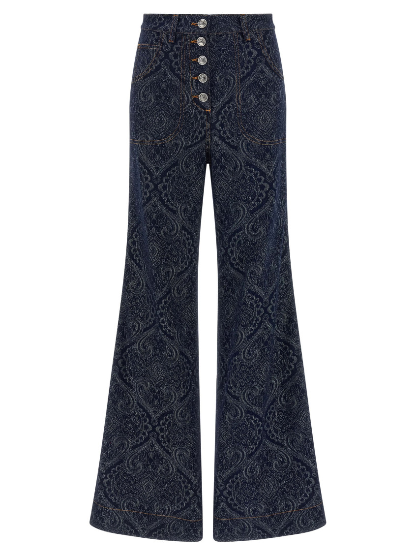Etro Flared Jacquard Denim Jeans With Pegaso Buttons In Blue