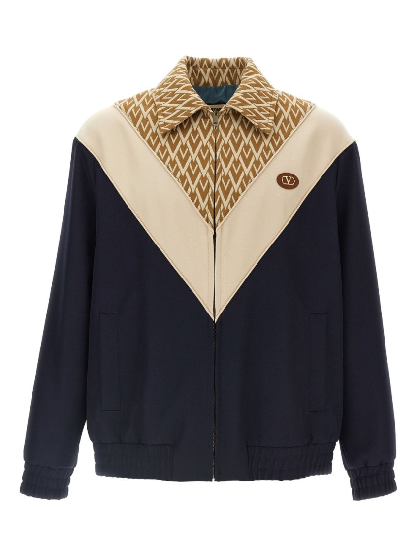Valentino Garavani Wool Bomber Jacket With Print Toute La V In Blue