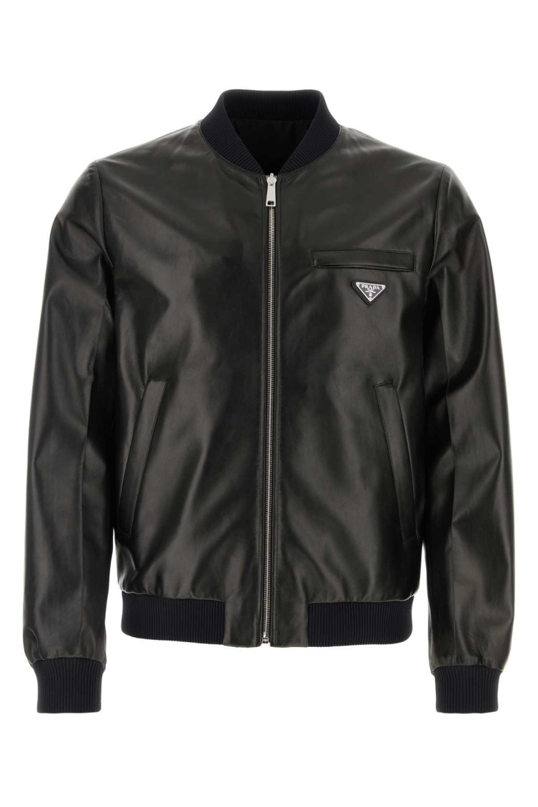 Prada Men Black Nappa Leather Reversible Bomber Jacket In Black