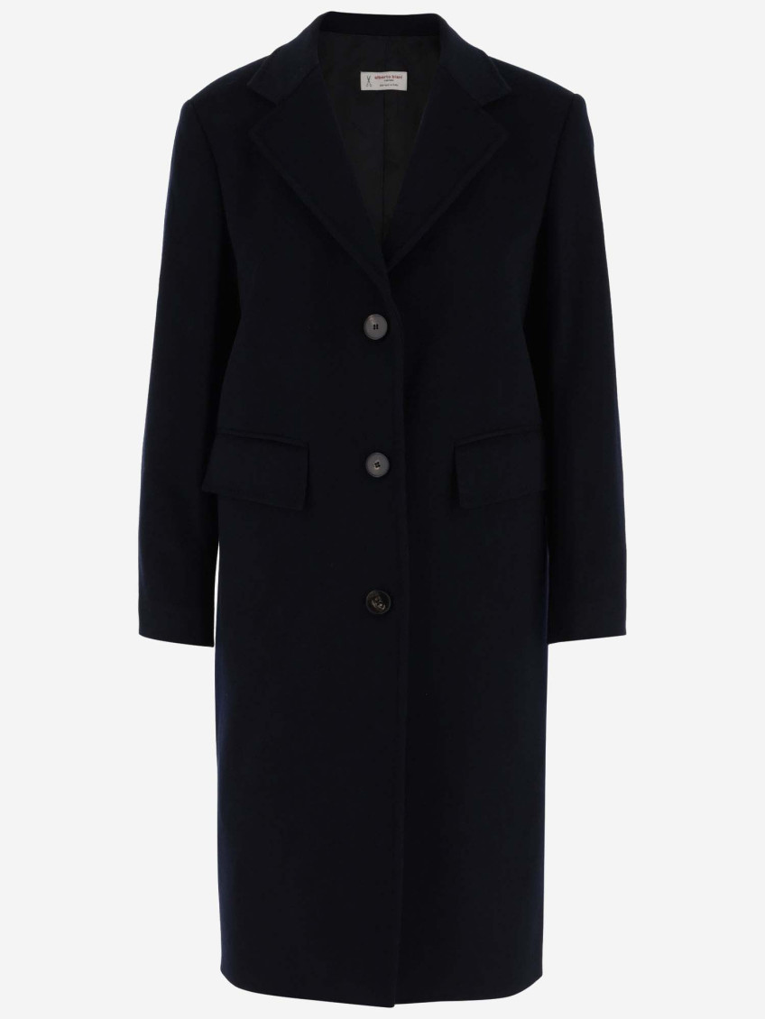 Alberto Biani Single-breasted Wool Long Coat In Navy Blue