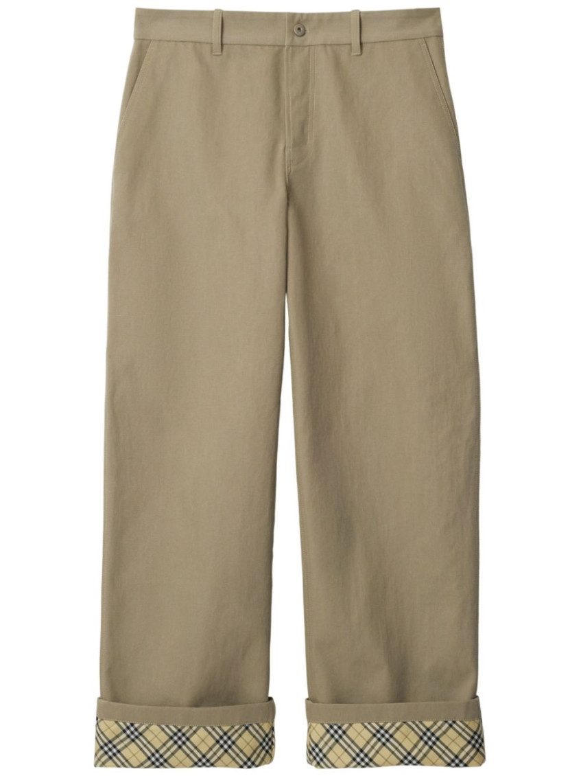 Burberry Beige Pants With Logo Embroidery On The Side And Turn-up Checked Hem In Cotton Man