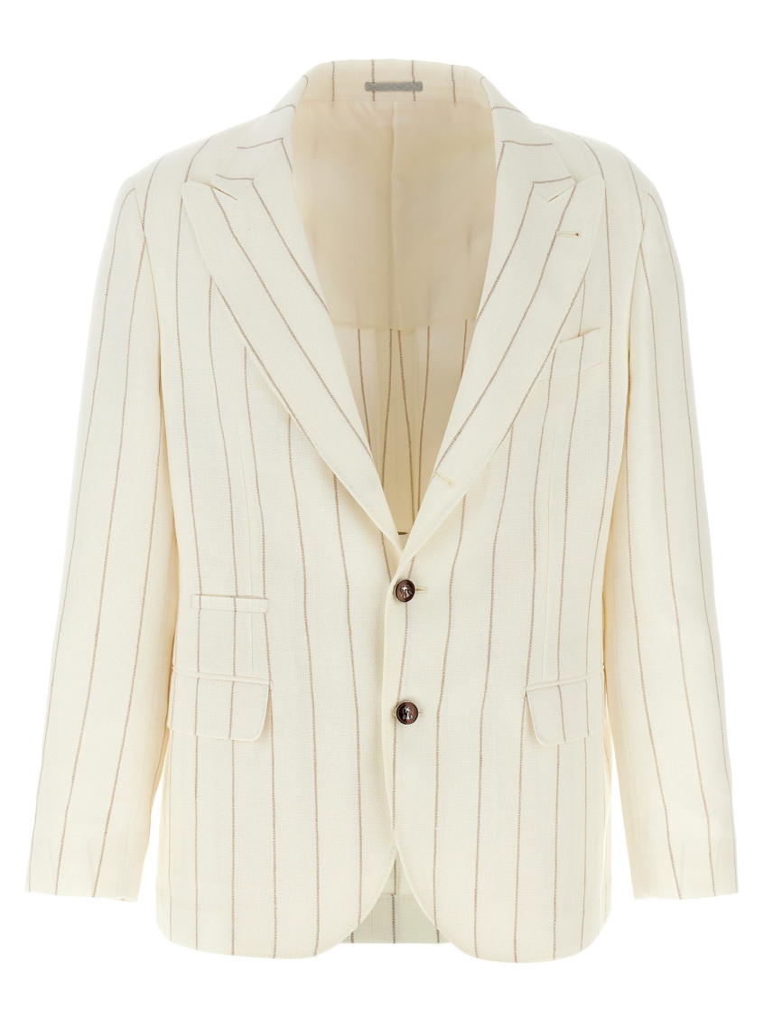 Brunello Cucinelli Pinstriped Deconstructed Blazer Beige