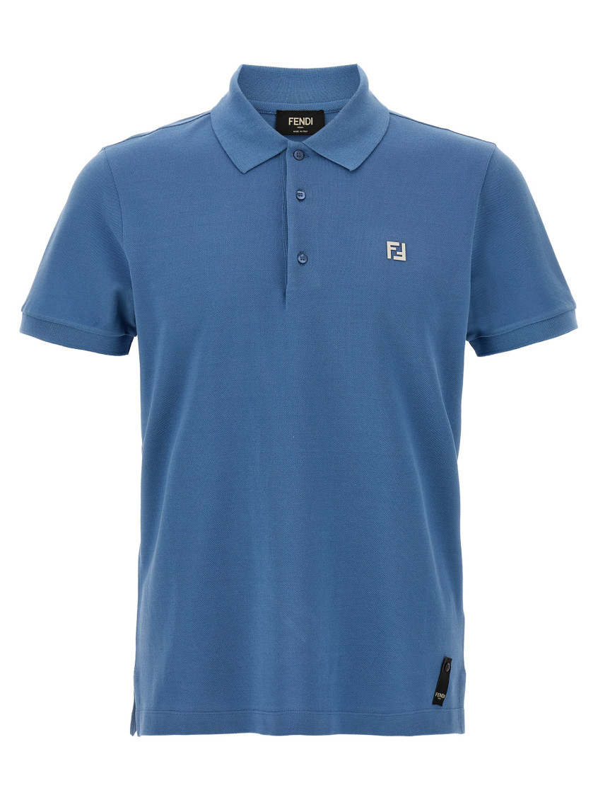 Fendi Piquet Polo Shirt With Collar And Short Sleeves In Blue