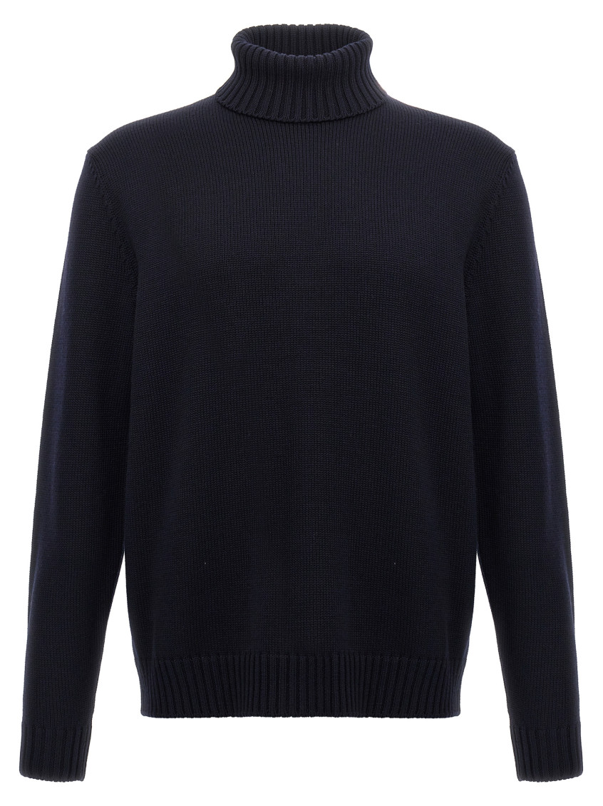 Zanone Turtleneck Wool Sweater With Turn-up Collar And Cuffed Sleeves In Blue