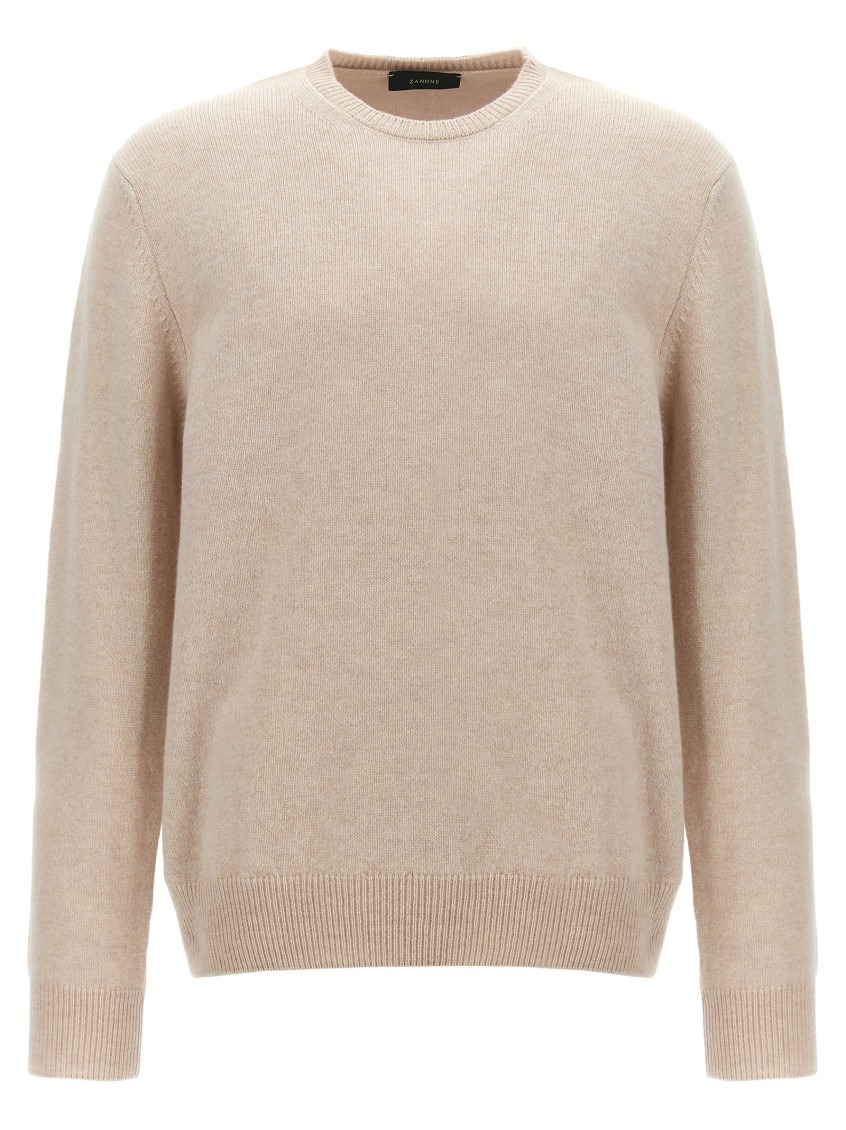 Zanone Ribbed Wool Crewneck Sweater With Cuffed Sleeves In Neutral
