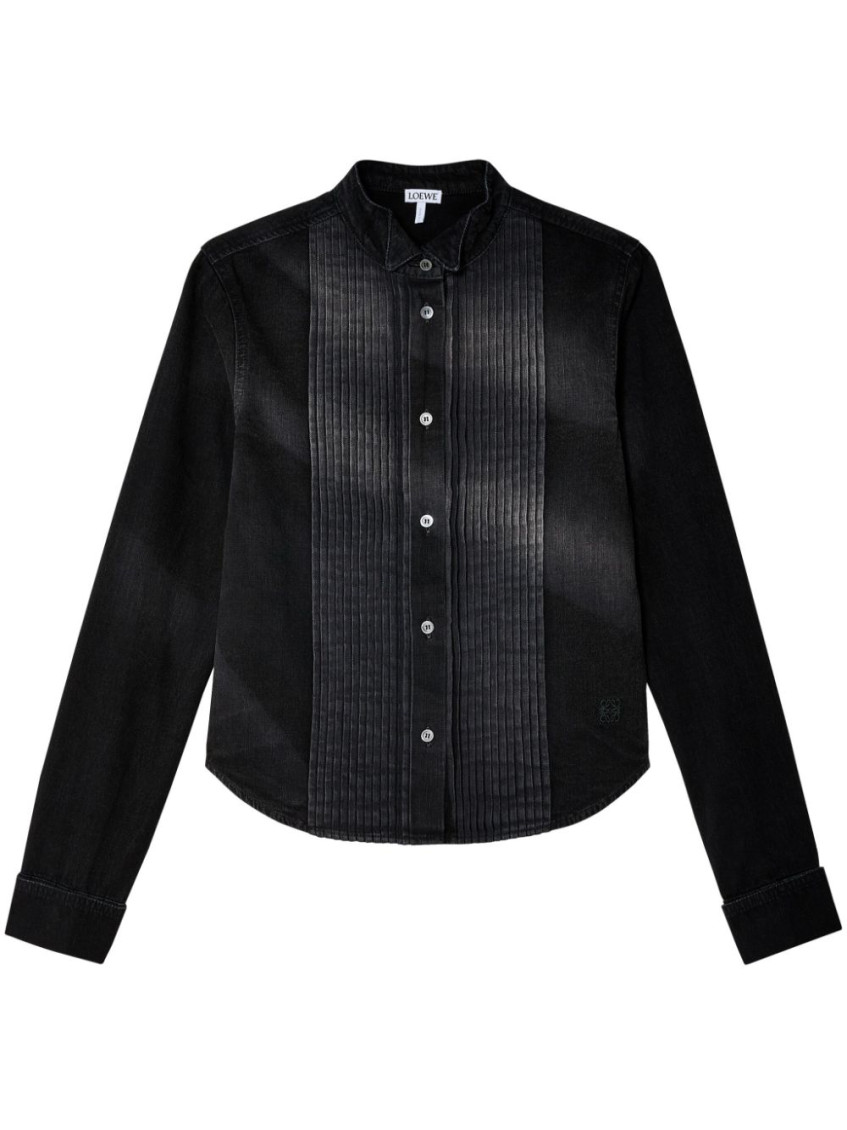 Loewe Pleated Bib Front Denim Cropped Shirt In Black