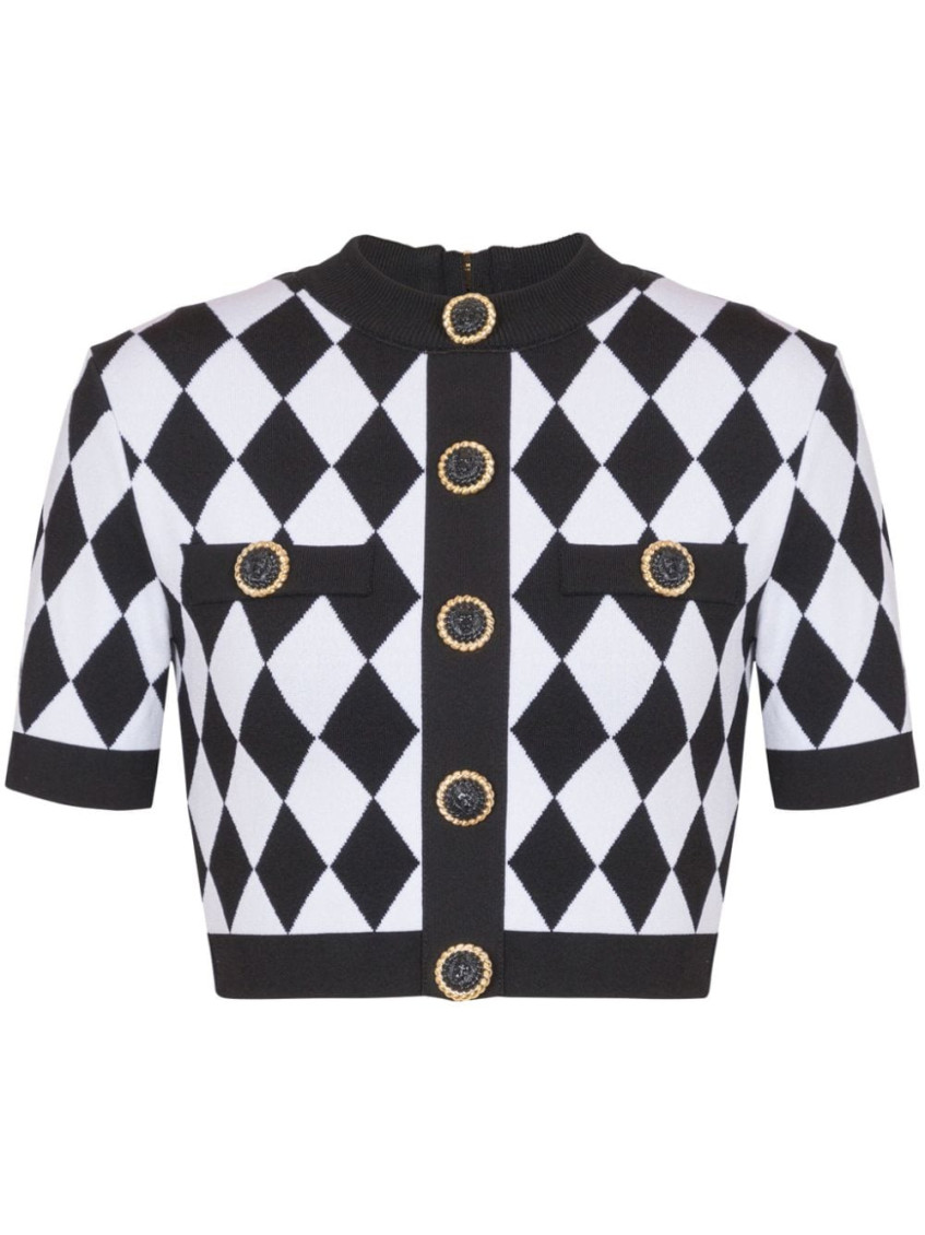 Shop Balmain Black Buttoned Diamond Crop Top