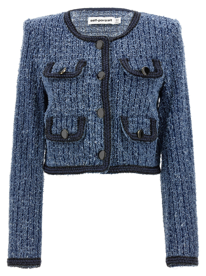 Shop Self-portrait Blue Textured Denim Jacket