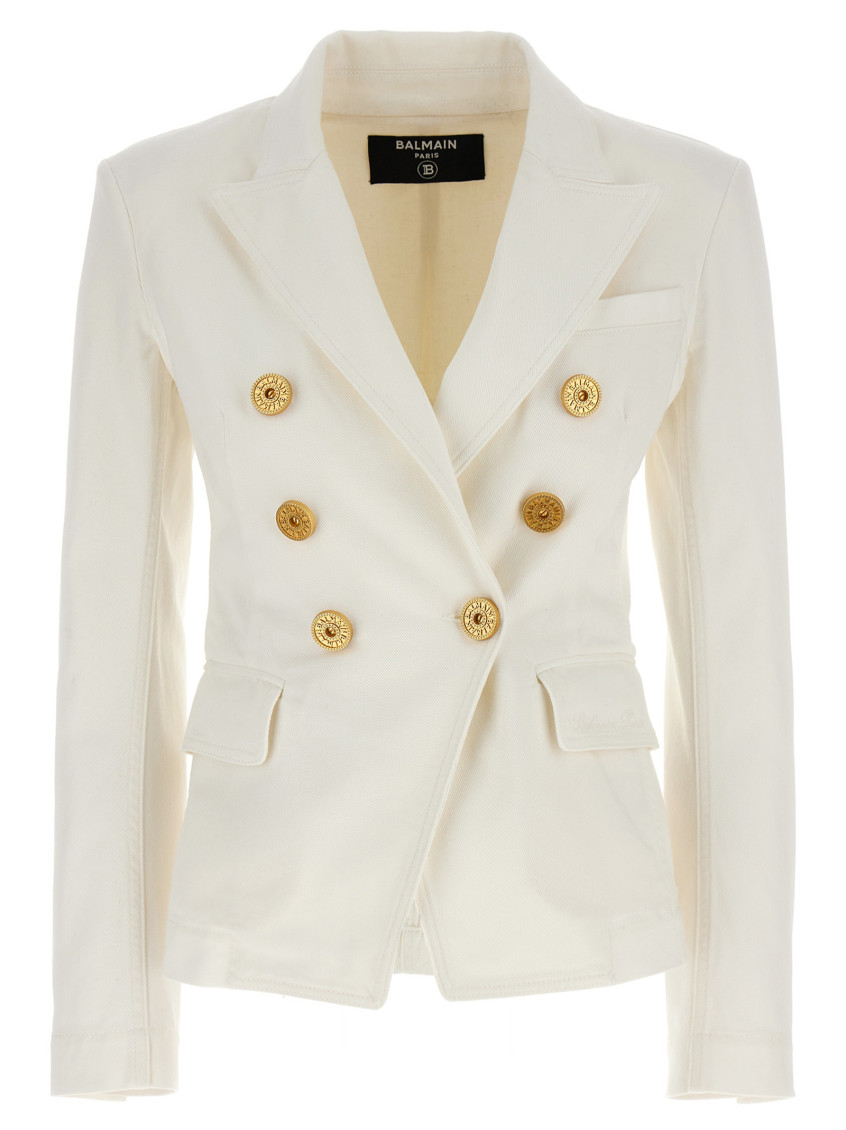 Balmain White Double-breasted Jacket With Peak Lapels And Logo Buttons In Fabric Women In White