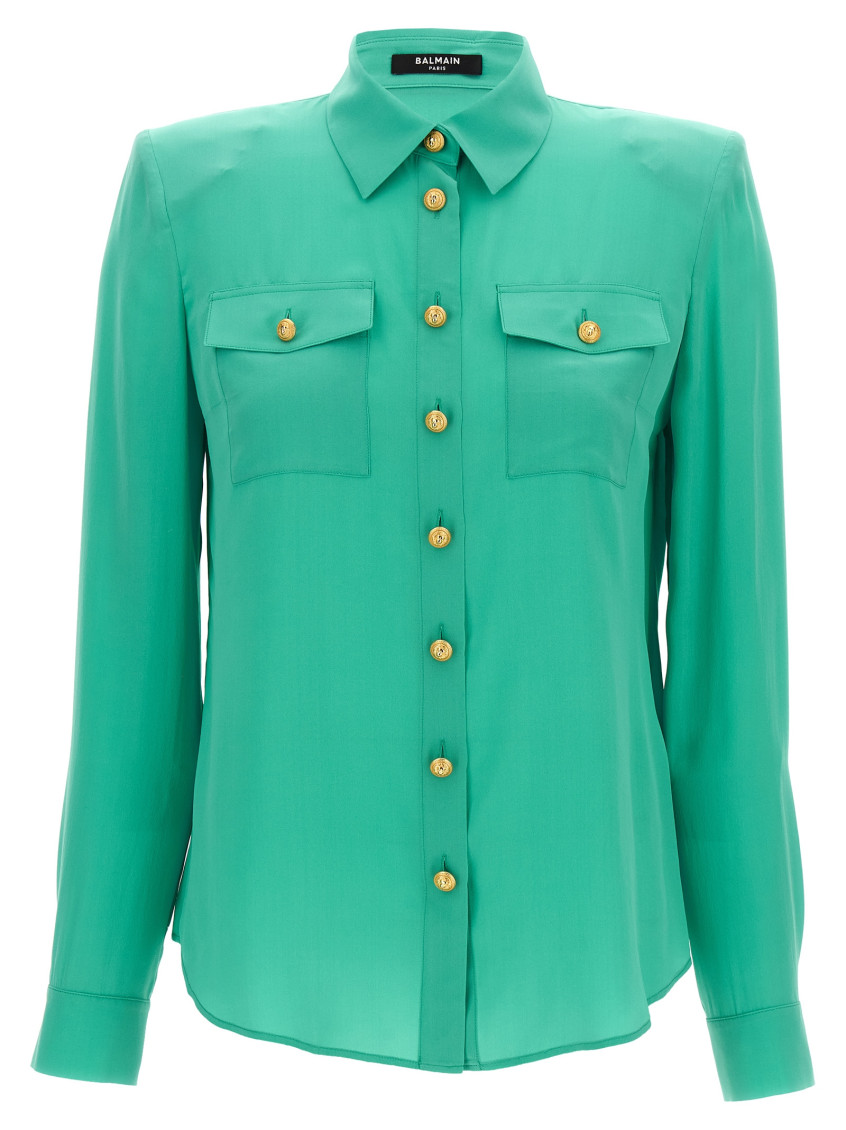 Balmain Logo Button Shirt Shirt And Blouse Light Blue In Aqua