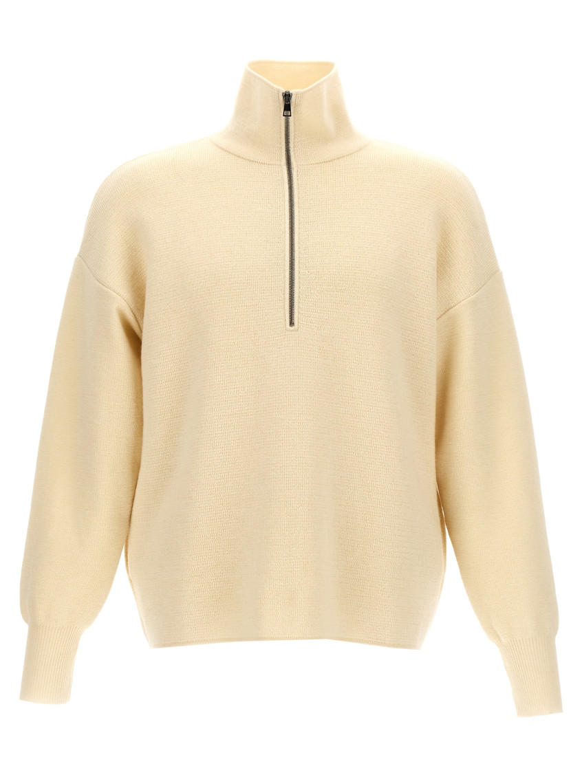 Ma'ry'ya Half Zip Wool Sweater With Cuffed Sleeves And Relaxed Fit In White