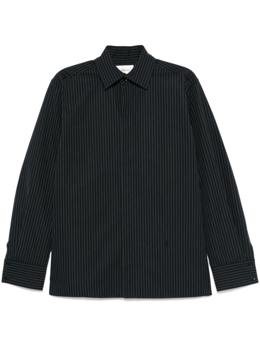 Saint Laurent Ysl Pinstriped Silk Shirt In Black