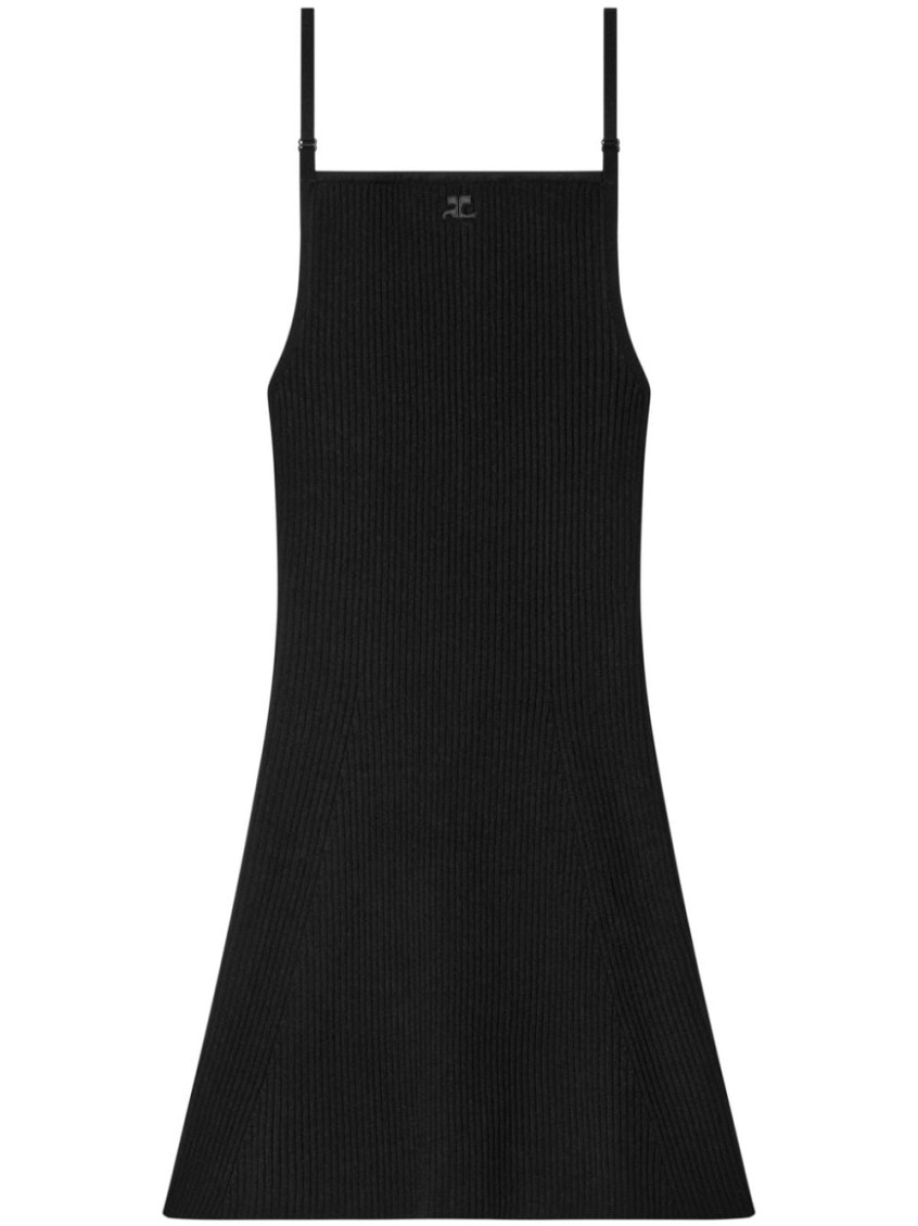Courrèges Abito Corto In Viscosa A Coste Con Ricamo Logo In Black