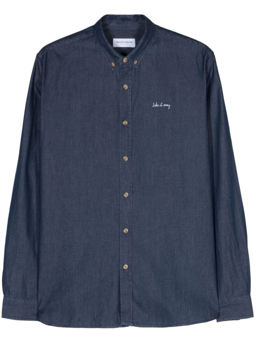 Shop Maison Labiche Navy Blue Cotton Shirt