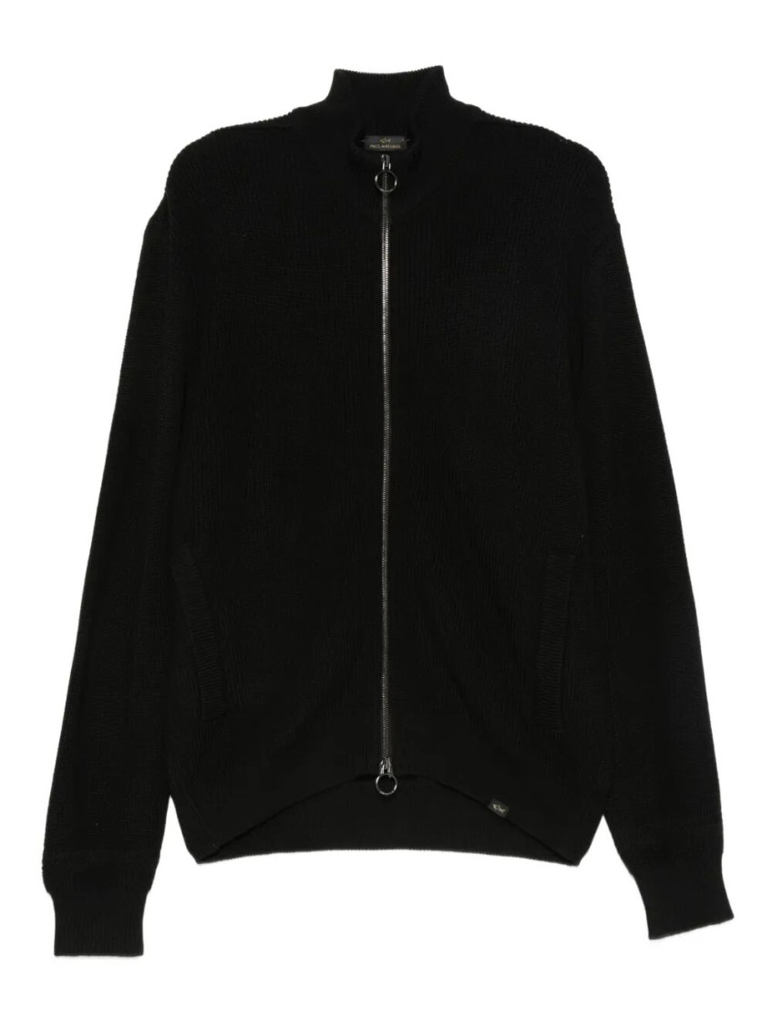 Paul & Shark Ribbed Zip-up High-neck Cardigan Clothing In Black