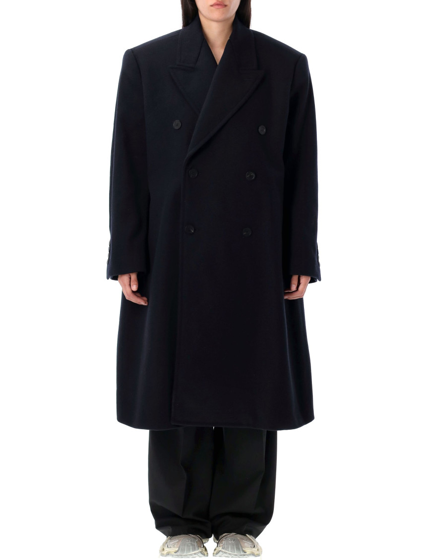 Balenciaga Blue Oversized Double Breasted Coat In Black