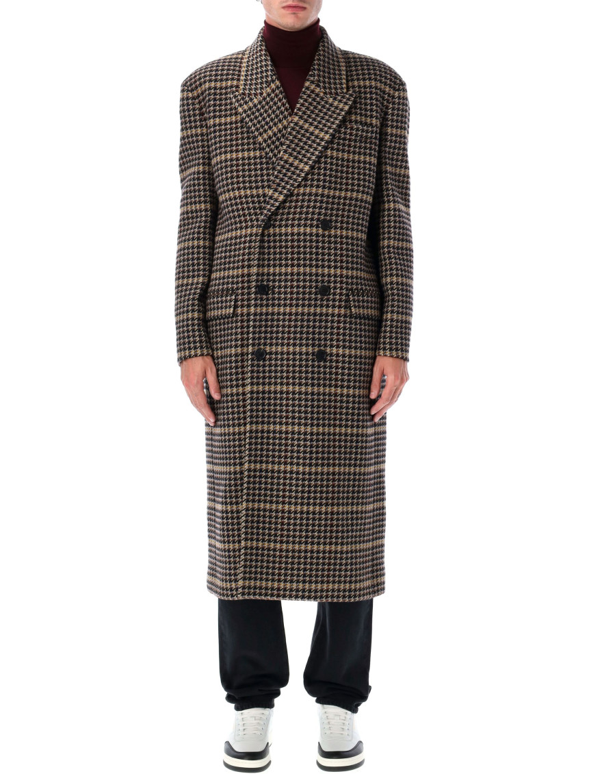 Saint Laurent Long Checked Wool Coat Coats Multicolor In Brown