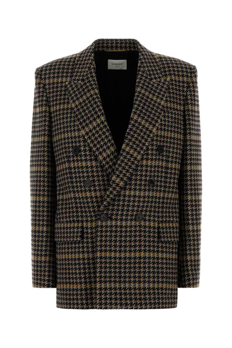 Saint Laurent Multicolor Embroidered Wool Blazer In Brown