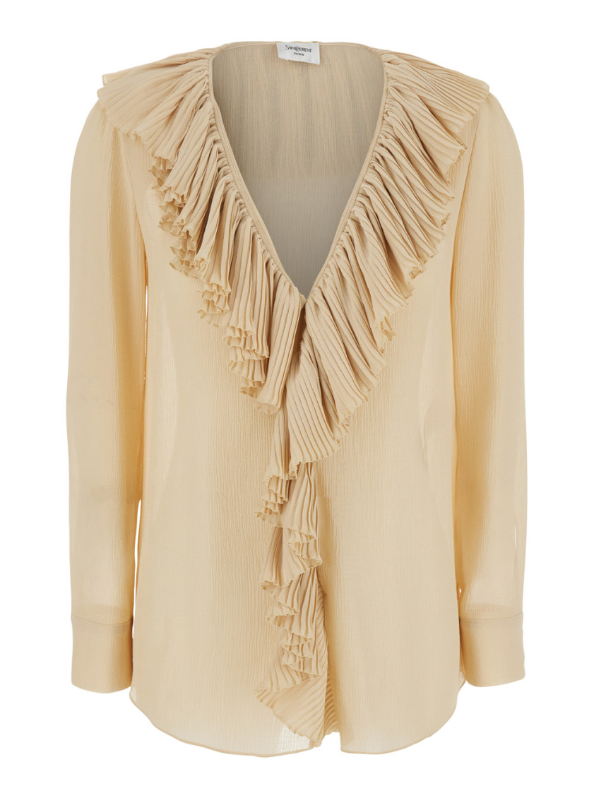 Saint Laurent Beige V Neck Ruffles Top In Yellow