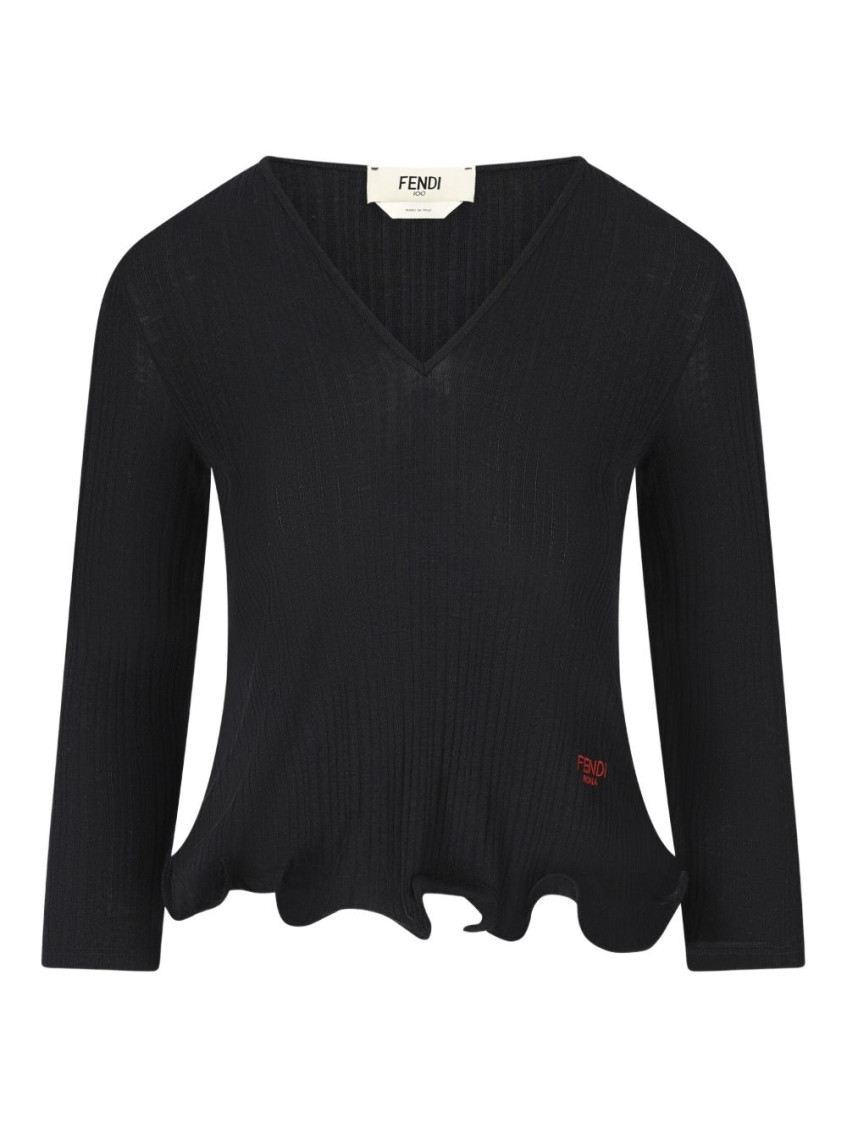 Fendi V-neck Ribbed Top With Ruffles Clothing In Black