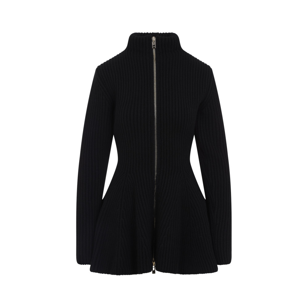 Alaïa Ribbed Wool And Cashmere-blend Peplum Cardigan In Black