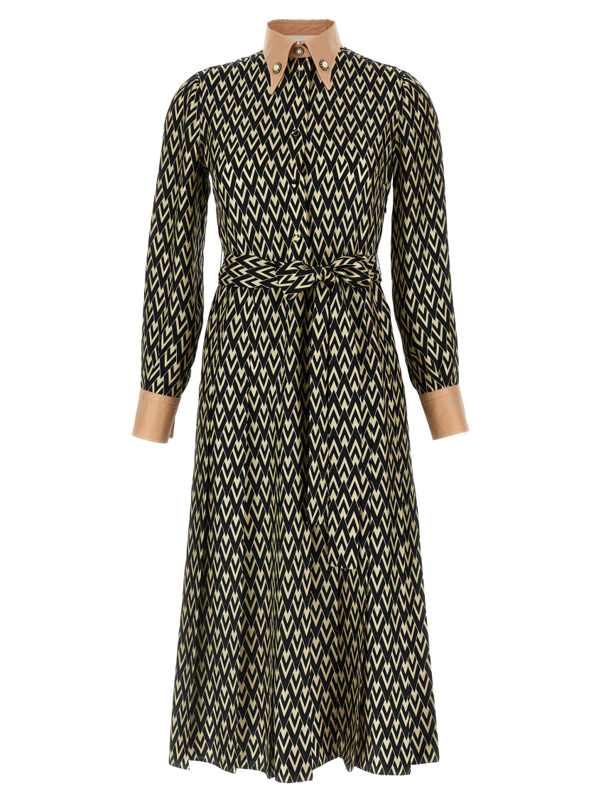 Valentino Embellished Belted Printed Silk-twill Midi Shirt Dress In Multicolor
