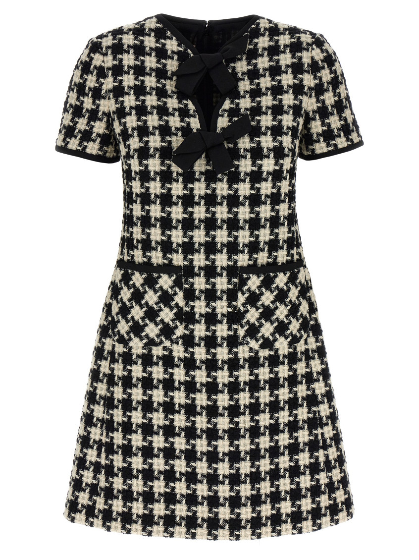 Valentino Embroidered Damier Light Tweed Short Dress In Blackwhite