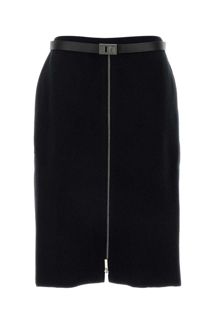 Ferragamo Stretch Wool Blend Skirt With Belted Waist In Black