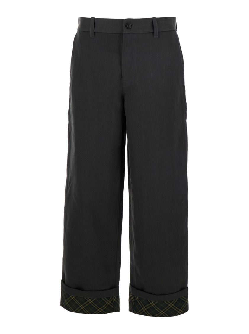 Burberry Black Pants With Logo Embroidery On The Side And Turn-up Checked Hem In Cotton Man In Black