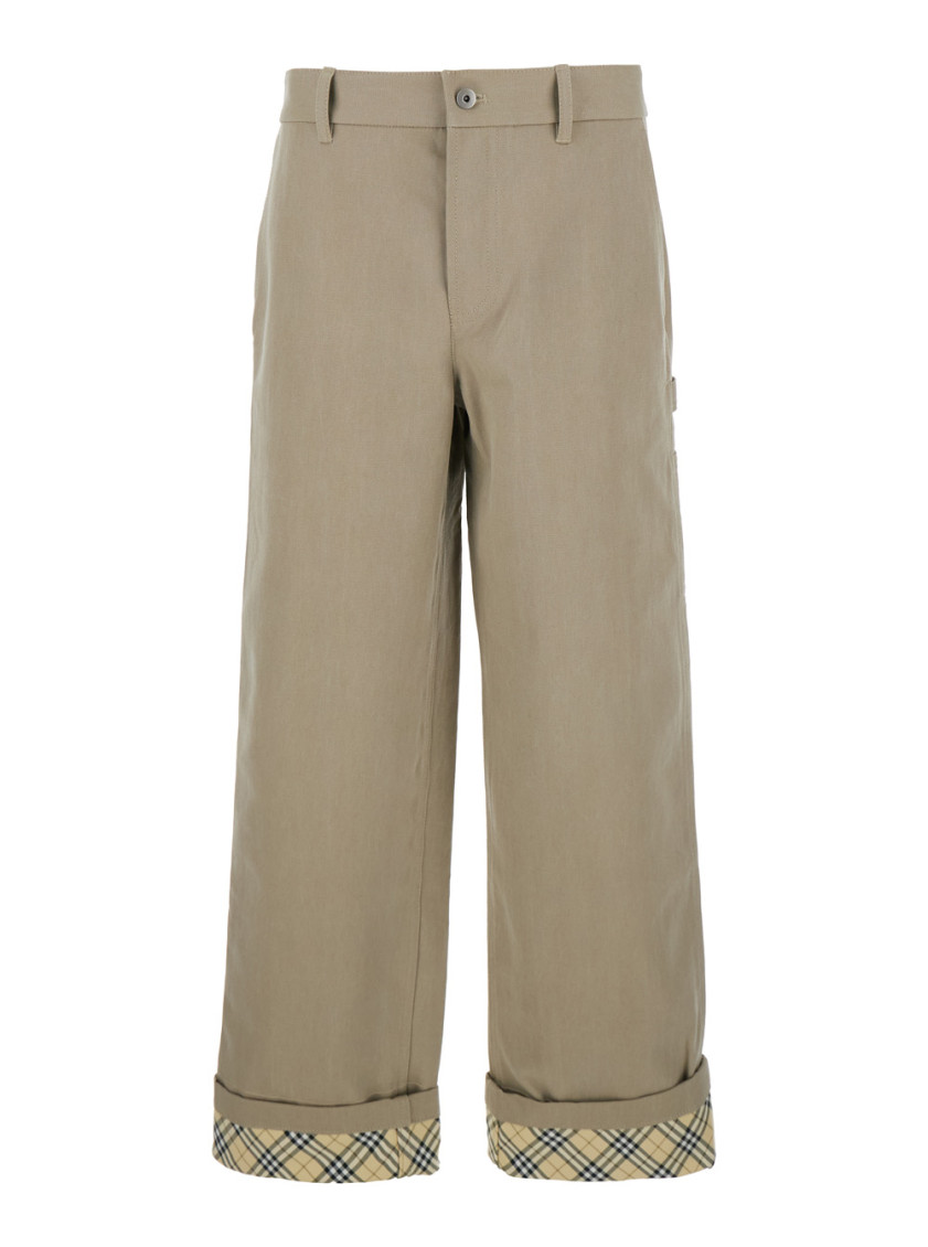 Burberry Beige Pants With Logo Embroidery On The Side And Turn-up Checked Hem In Cotton Man In Beige