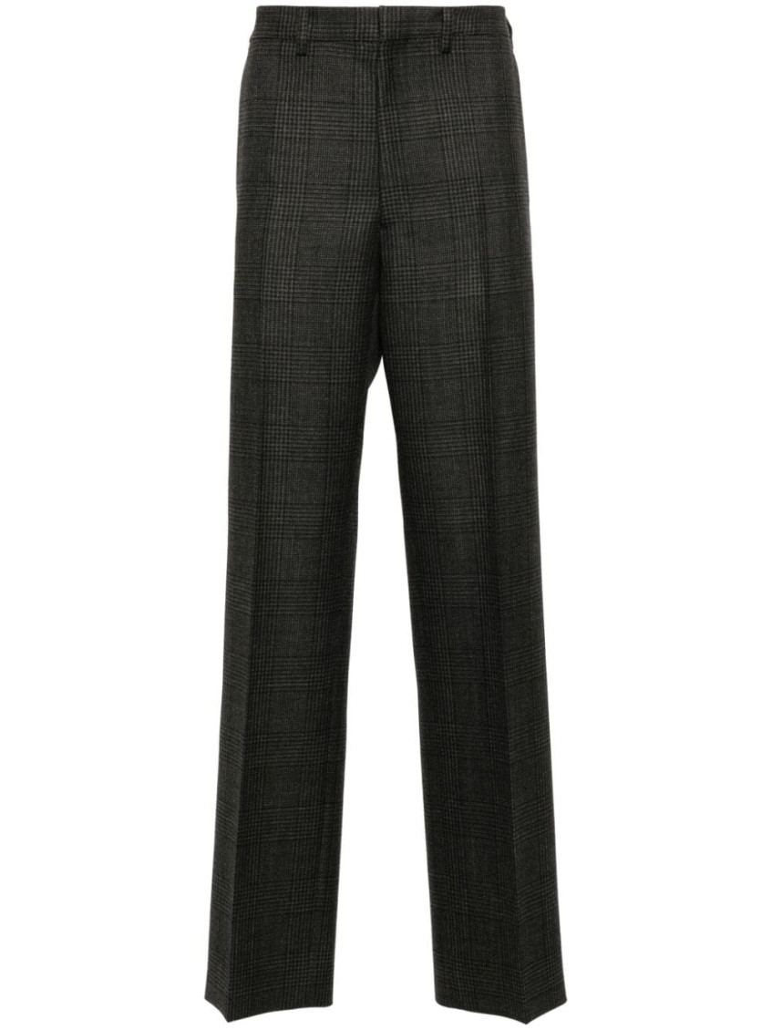Prada Prince Of Wales Checked Wool Trousers In Dark Grey