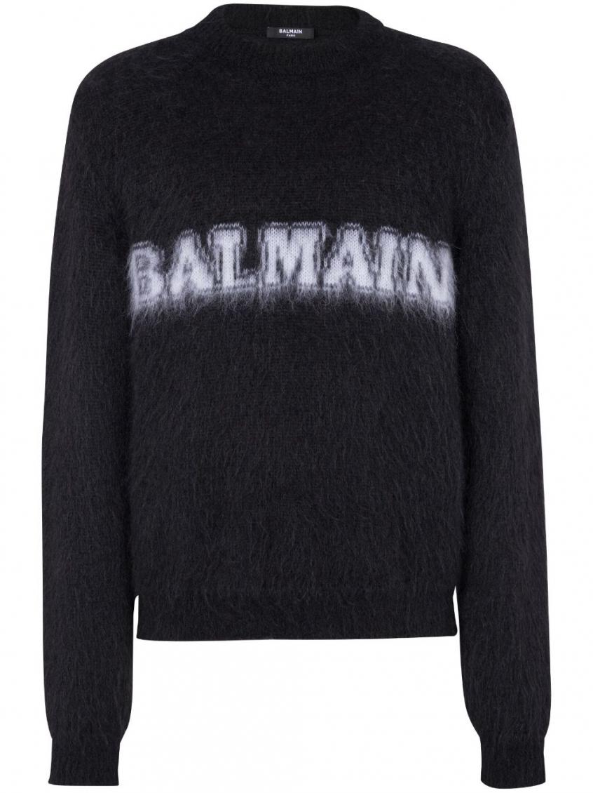 Balmain Black Crewneck Sweater With Maxi Logo Lettering On The Front And Brushed Effect In Wool Blen In Black
